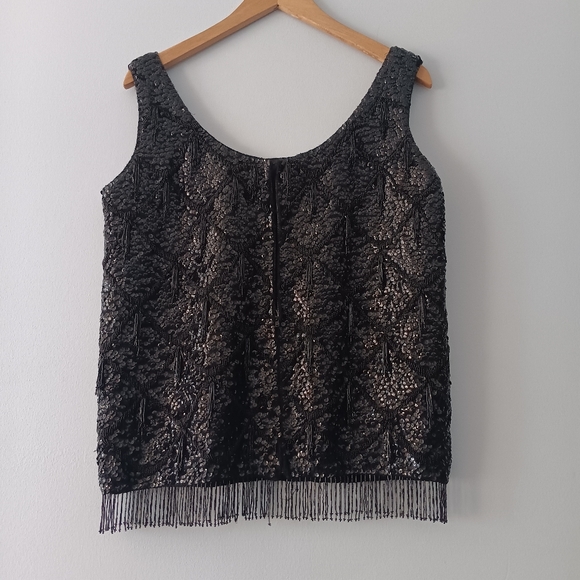 Cyn Les Vintage Black Sequin Beaded Fringe Party Evening Top Wool M - Picture 2 of 8